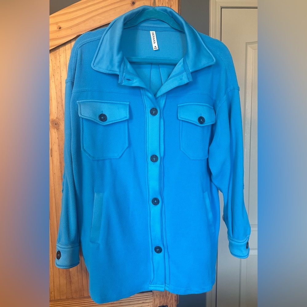 Zenana sky blue fleece button shacket